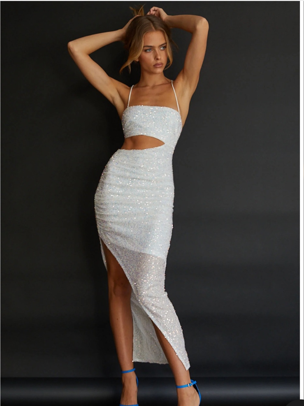 Selfie Leslie White Sequin Cutout Asymmetric Dress